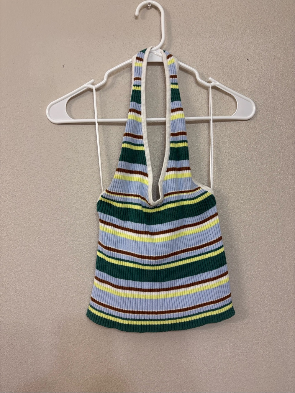 Striped Ribbed Halter Tank Top - Green/White/Yellow/Brown